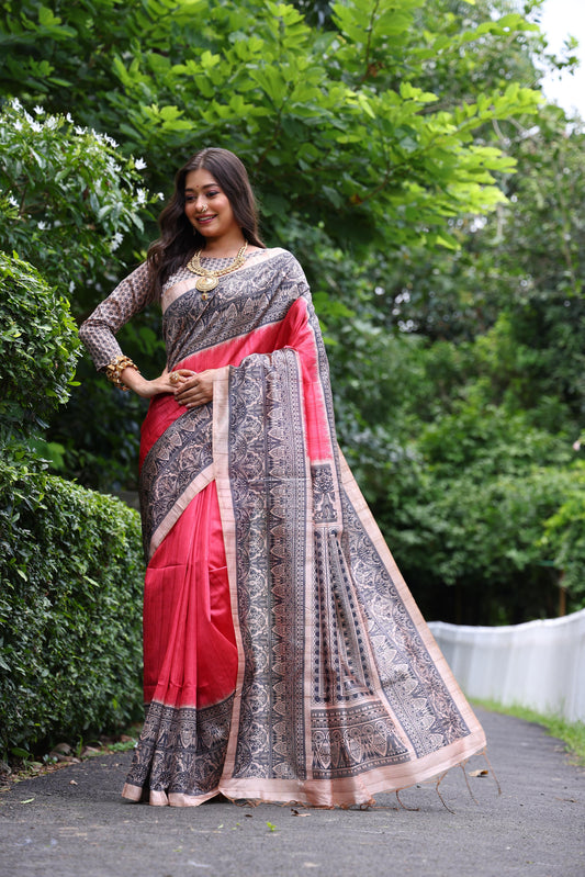 Tussar Silk Madhubani 109- RED
