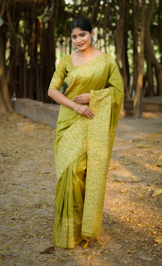 Handloom raw silk saree - MEHNDI