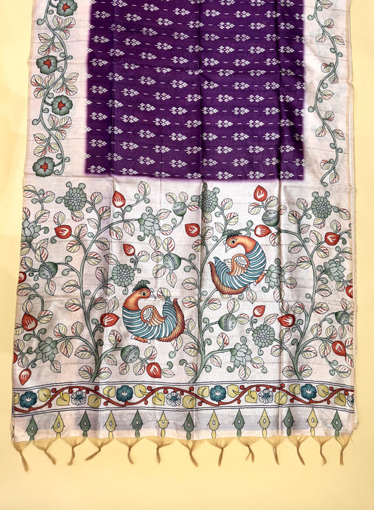 Tussar Silk Kalamkari Printed Pallu - WINE
