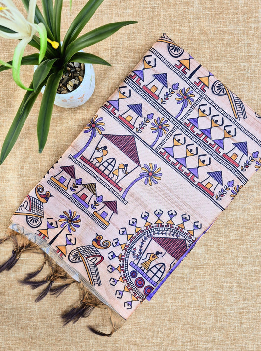 Tussar Silk Saree With Warli Print Pallu - PURPLE