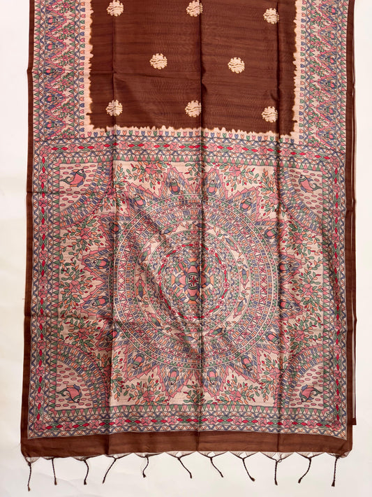 Tussar Silk Madhubani 101 - COFFEE