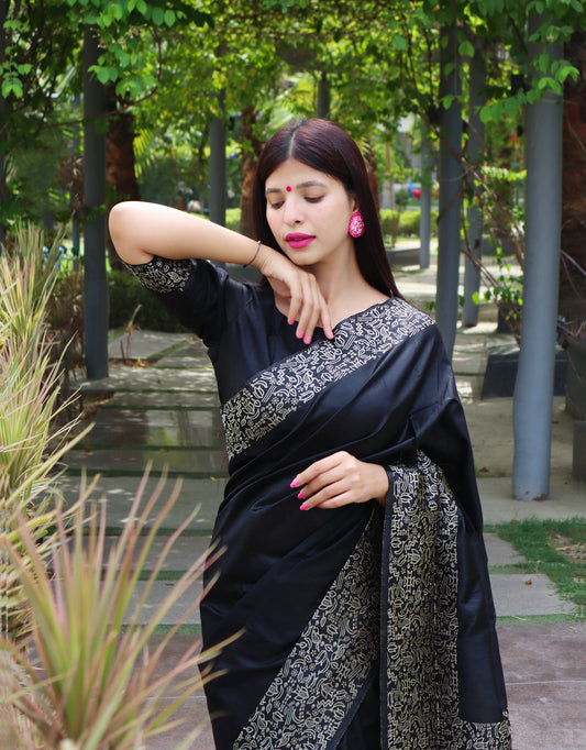 Handloom raw silk saree - BLACK