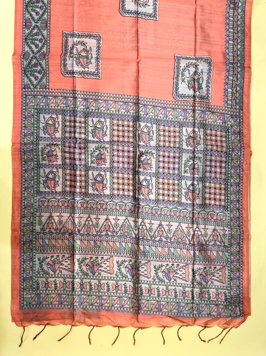 Tussar Silk Madhubani 102 - ORANGE