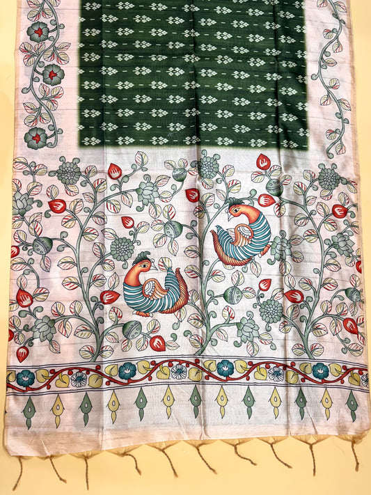 Tussar Silk Kalamkari Printed Pallu - GREEN