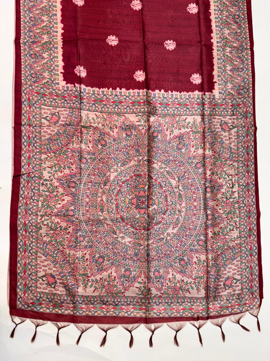 Tussar Silk Madhubani 101 - MAROON
