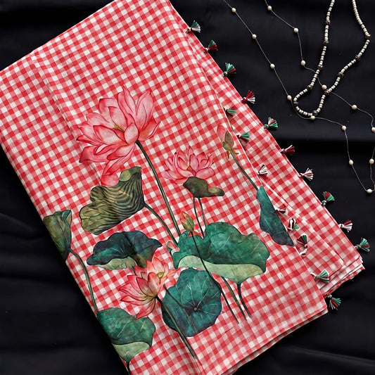 Tussar Silk Saree with Floral Lotus Print & Tassel Border-RED