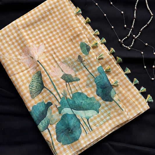Tussar Silk Saree with Floral Lotus Print & Tassel Border-CHIKU