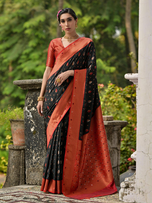 BLACK BANARASI SILK SAREE WITH CONTRAST COLOUR