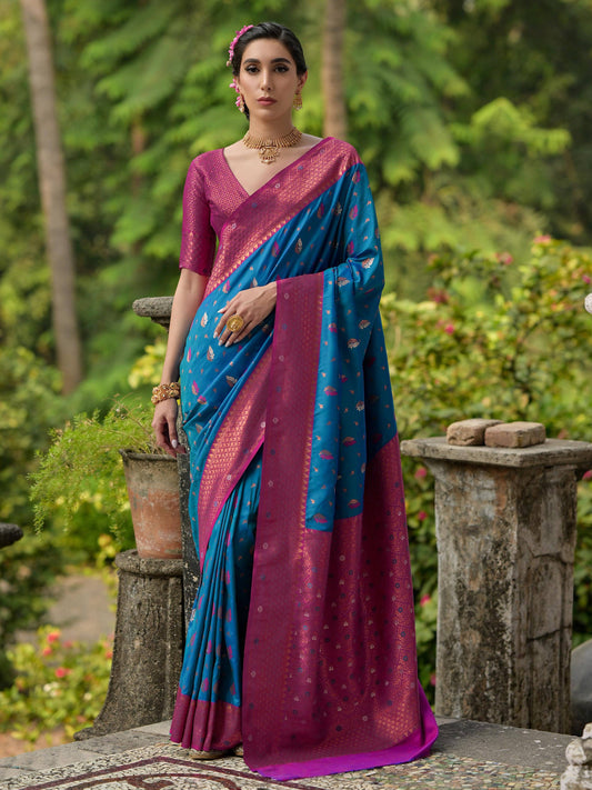 BLUE BANARASI SILK SAREE WITH CONTRAST COLOUR