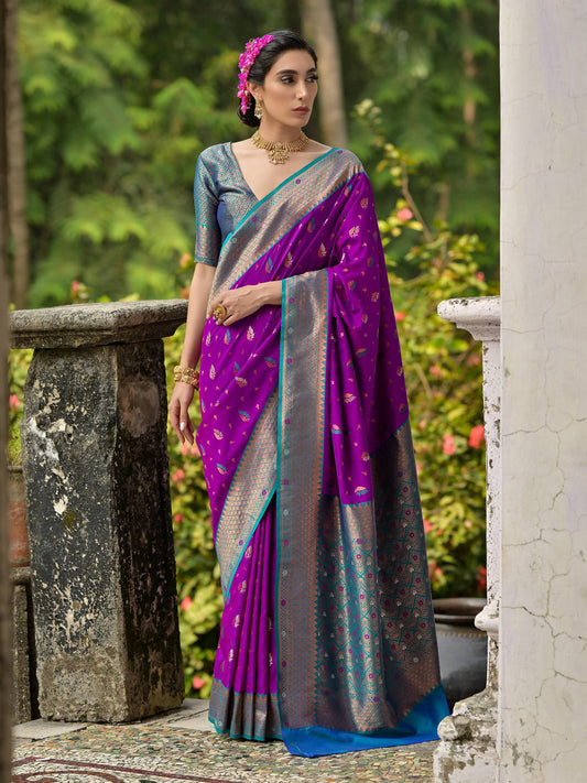 WINE BANARASI SILK SAREE WITH CONTRAST COLOUR