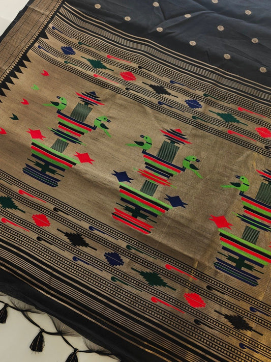 Khadi Raw Silk Saree with Traditional Woven Border & Multicolor Motifs -BLACK