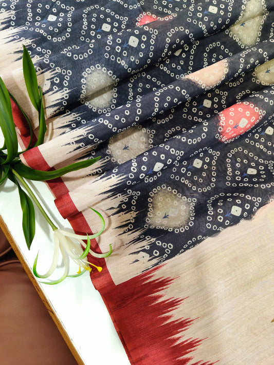 Kalamkari Printed Silk Blend Saree with Bandhani Pallu- BLACK