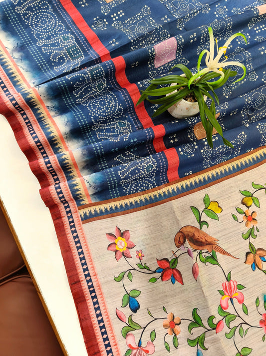 Kalamkari Printed Silk Blend Saree with Bandhani Pallu- BLUE