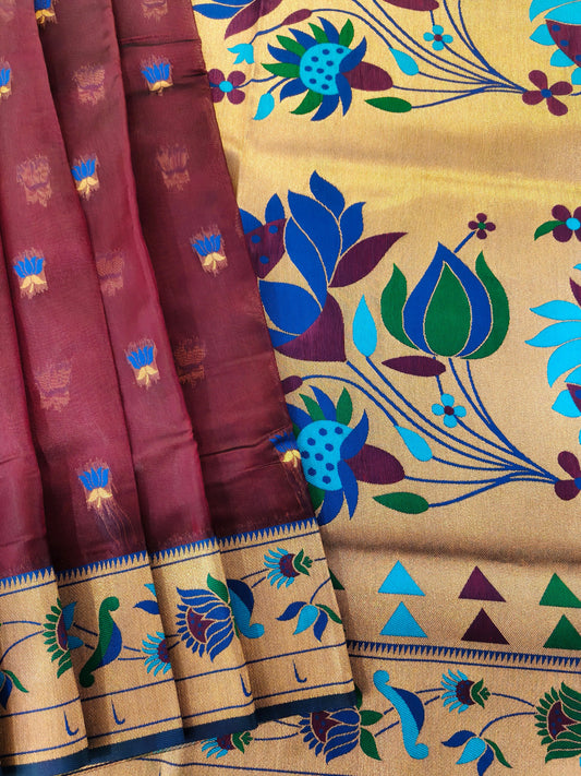 Paithani Silk Saree with Floral Motifs and Zari Pallu - COFFEE