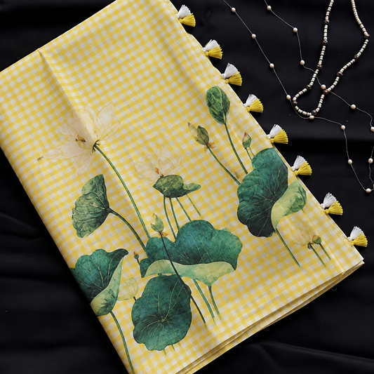 Tussar Silk Saree with Floral Lotus Print & Tassel Border-YELLOW