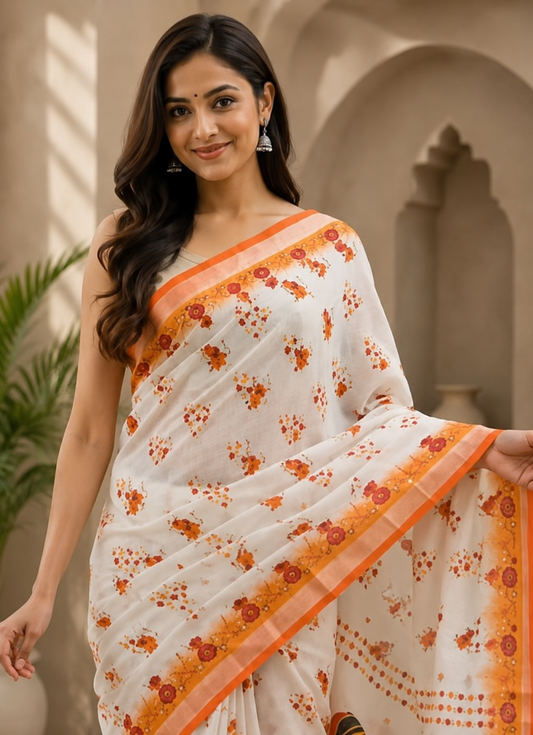 Designer White Tussar Silk Saree with Unstitched Blouse Piece