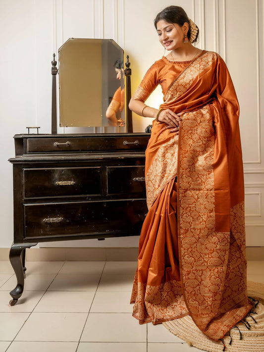 Handloom raw silk saree - ORANGE