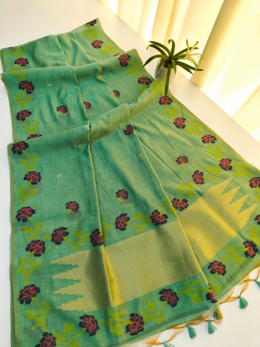 Firozi Muga Cotton Saree | Floral Motif | Golden Zari Border | Ethnic Wear