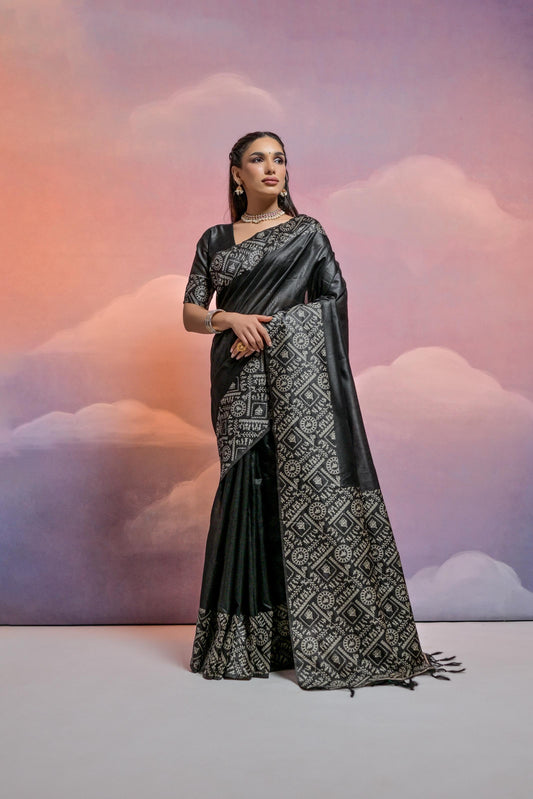Banglori Handloom raw silk saree - BLACK