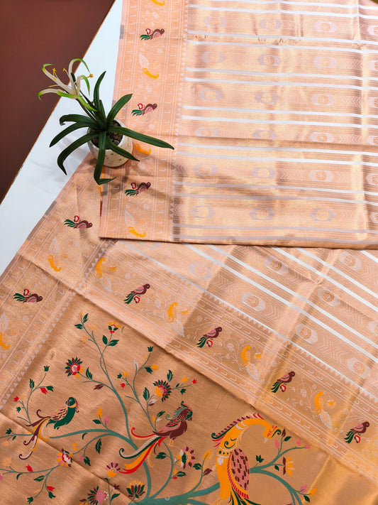 Banarsi Paithani Copper Zari Silk Saree- White
