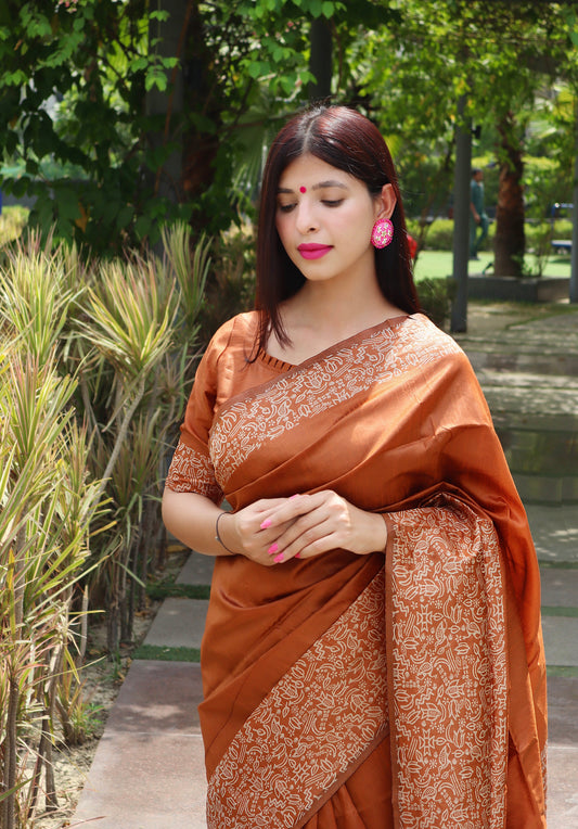 Handloom raw silk saree - ORANGE