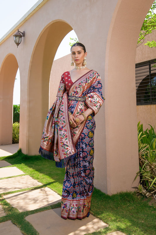 Banarasi Paithani Silk Saree With Meenakari Weaving - NAVY BLUE