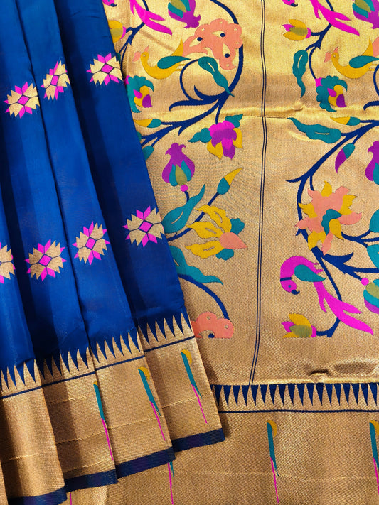 Banarasi Paithani With Bird & Floral Pallu - NAVY BLUE