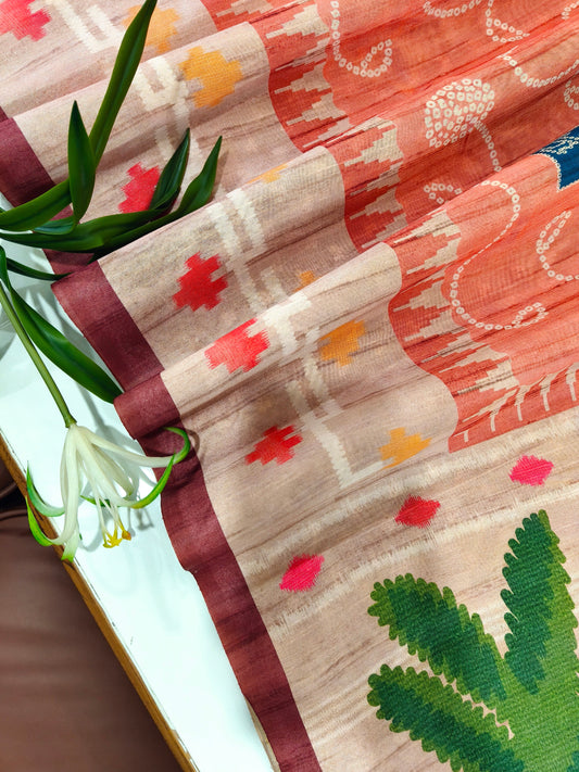 Kalamkari Printed Silk Blend Saree with Bandhani Pallu-ORANGE