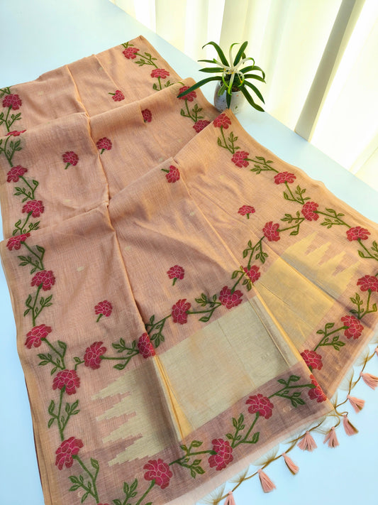 Peach Muga Cotton Saree | Floral Motif | Golden Zari Border | Ethnic Wear
