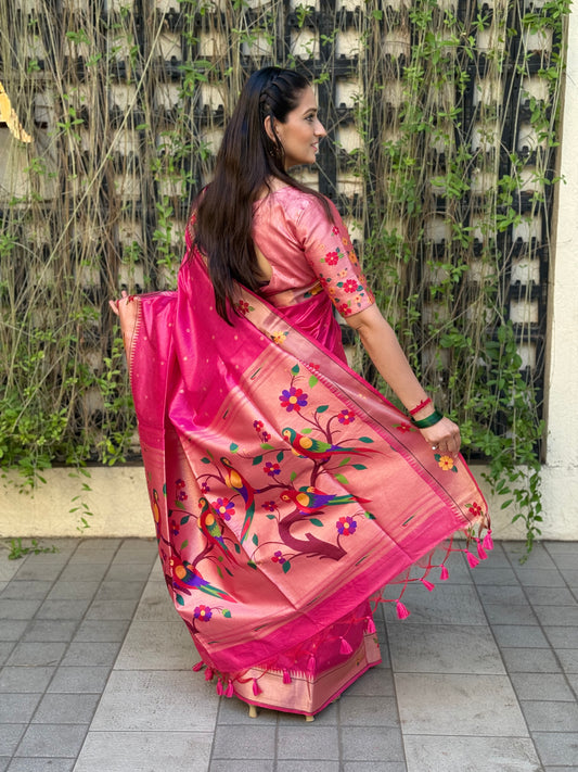 Khadi Raw Silk Saree | Traditional Floral & Parrot Design | Elegant Ethnic Saree - PINK