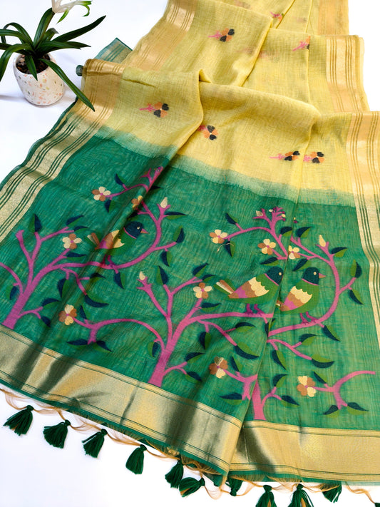 Muga Cotton Saree with Bird Motif With Contrast Blouse -PISTA