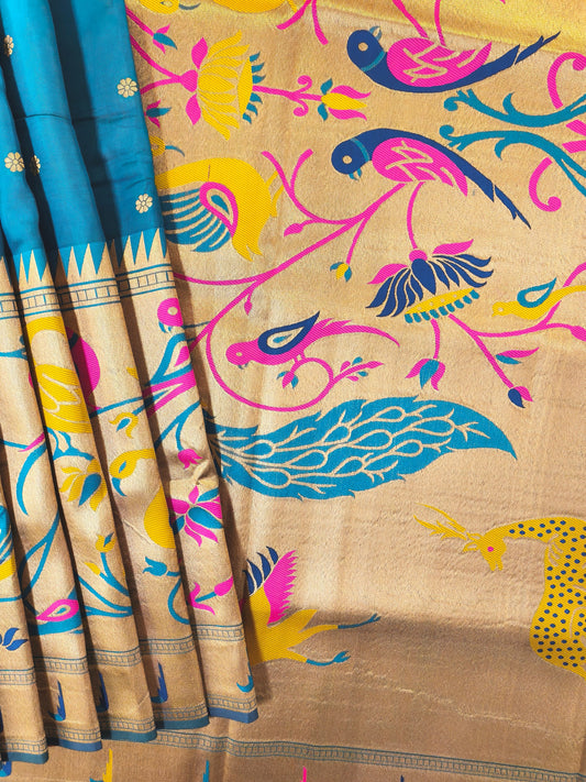 Premium Teal Silk Saree with Peacock & Bird Woven Pallu- RAMA