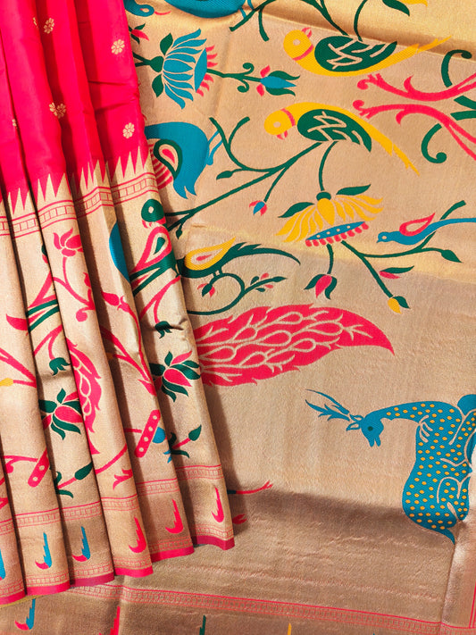 Premium Teal Silk Saree with Peacock & Bird Woven Pallu- RED