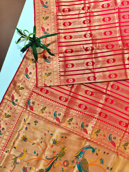 Banarsi Paithani Copper Zari Silk Saree- Red