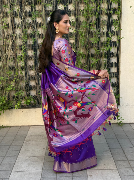 Khadi Raw Silk Saree | Traditional Floral & Parrot Design | Elegant Ethnic Saree -ROYAL BLUE