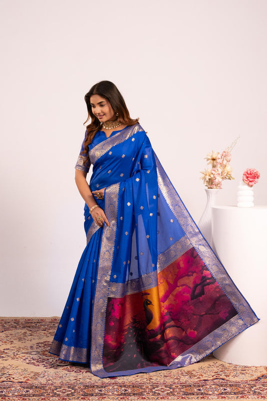 Traditional Paithani Saree with Zari Butti & Storytelling Pallu - ROYAL BLUE