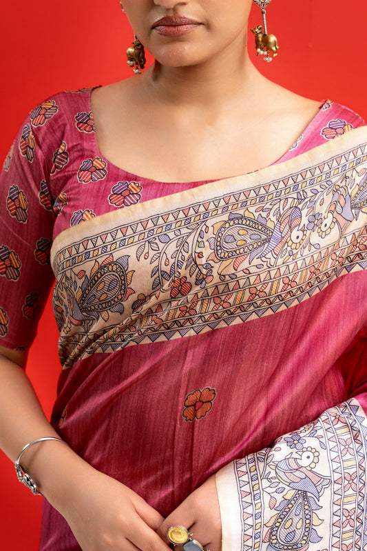 PINK - Tussar Silk Saree Madhubani Pallu