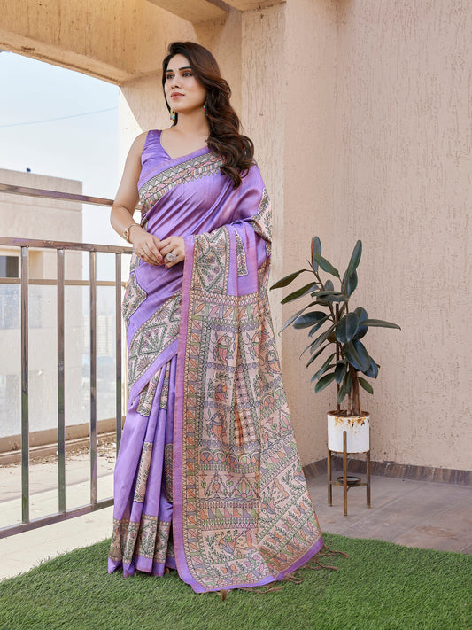 Tussar Silk Madhubani 102 - PURPLE