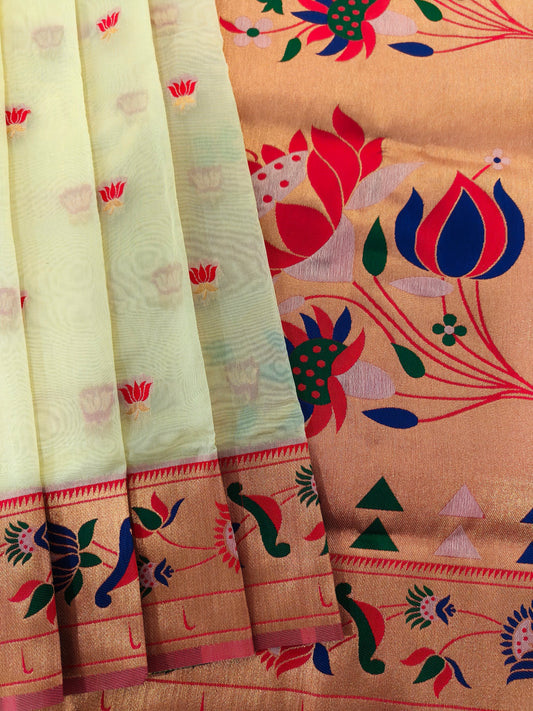 Paithani Silk Saree with Floral Motifs and Zari Pallu - WHITE