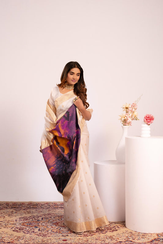 Traditional Paithani Saree with Zari Butti & Storytelling Pallu - WHITE