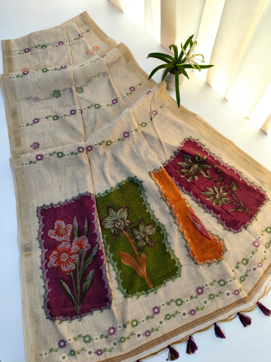 Muga Cotton Saree – Artistic Floral Panel Design -WINE