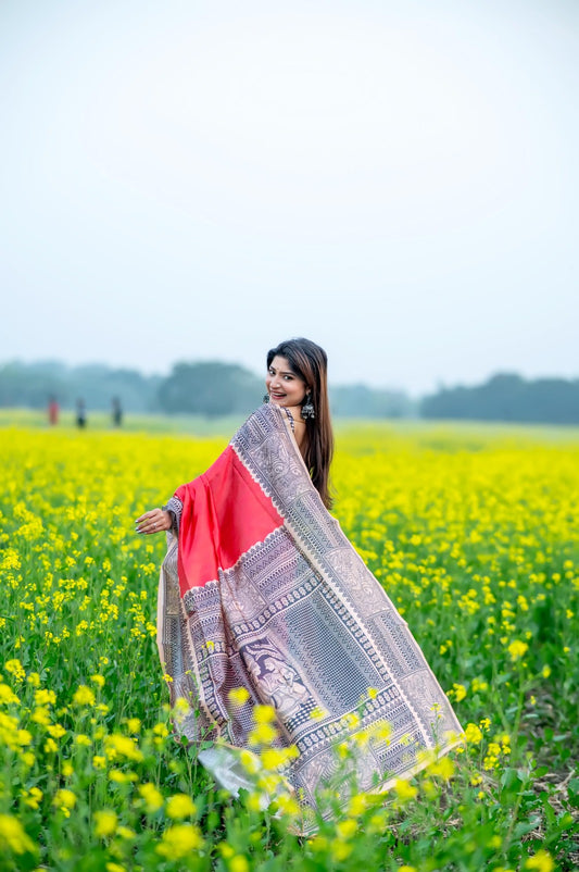 Graceful Linen Cotton Saree – Traditional Print=PINK