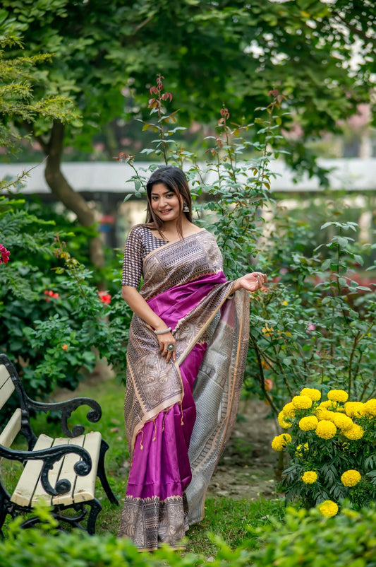 Graceful Linen Cotton Saree – Traditional Print=PURPEL