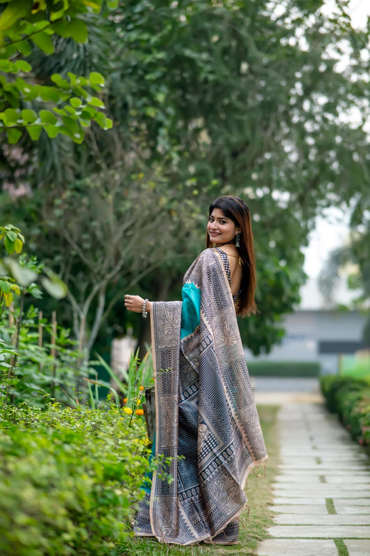 Graceful Linen Cotton Saree – Traditional Print=SKY BLUE