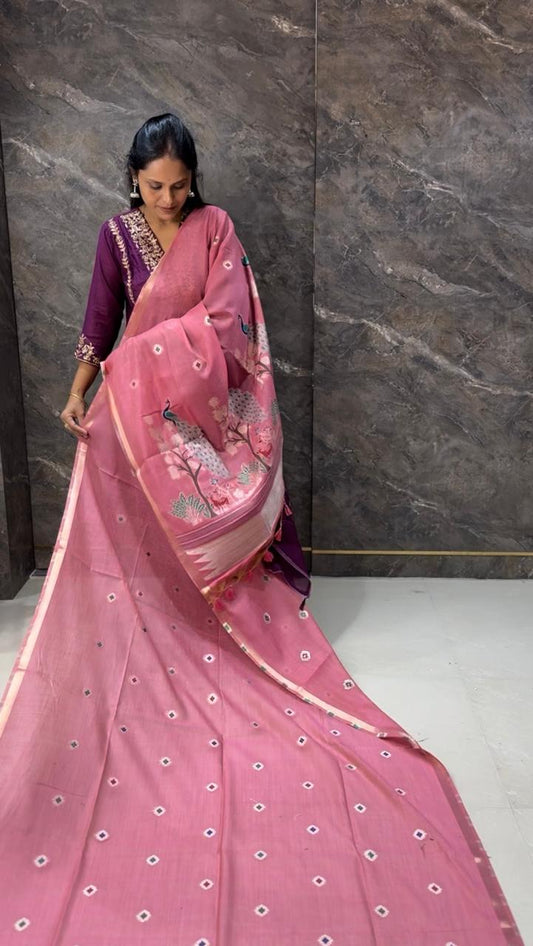 Soft Muga Cotton Maheswari Pattern Saree - Pink