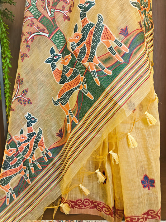 Classic Muga Cotton Saree with Unstitched Blouse and Artistic Border- YELLOW