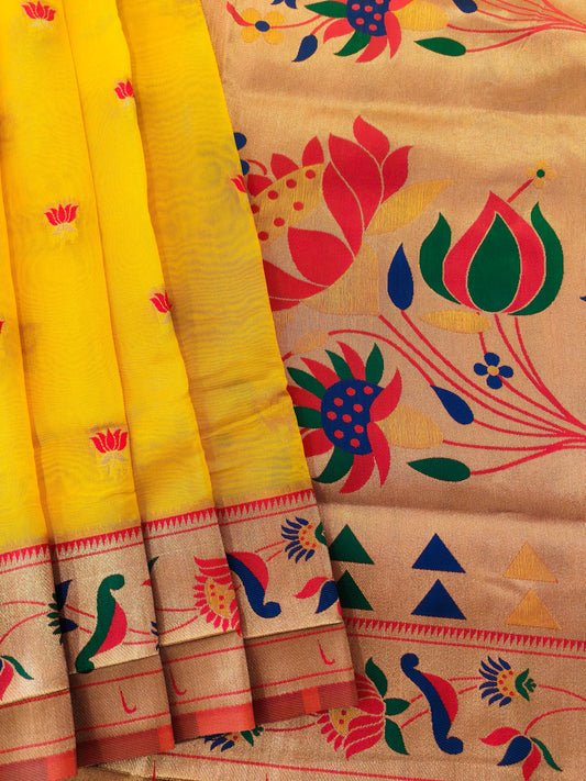 Paithani Silk Saree with Floral Motifs and Zari Pallu - YELLOW
