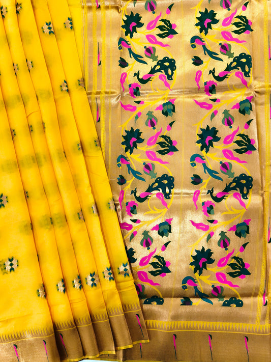 Banarasi Paithani With Bird & Floral Pallu - YELLOW