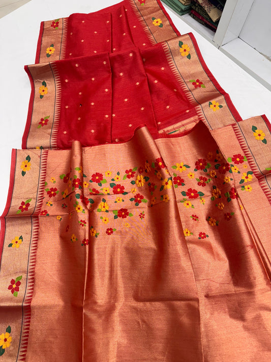Khadi Raw Silk Saree | Traditional Floral & Parrot Design | Elegant Ethnic Saree -RED