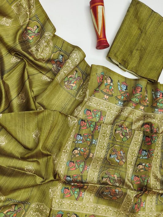 Madhubani Printed Saree - MEHNDI